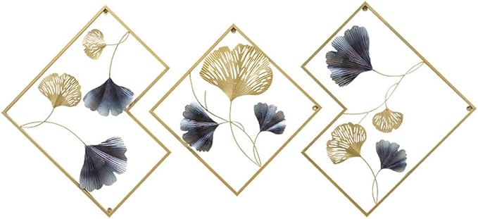 MKUN Iron Wall Sculptures - Set of 3 Diamond shaped Metal Wall Decor with Gingko Biloba Art Great for Home Hotel Decoration(Gold&Gray)