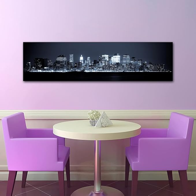 New York Skyline Canvas Wall Art Manhattan Wall Art for Living Room Cityscape at Night Pictures for Bedroom Modern Home Decor Office Bathroom Decorations Artwork Framed Ready to Hang 12x46 Inch