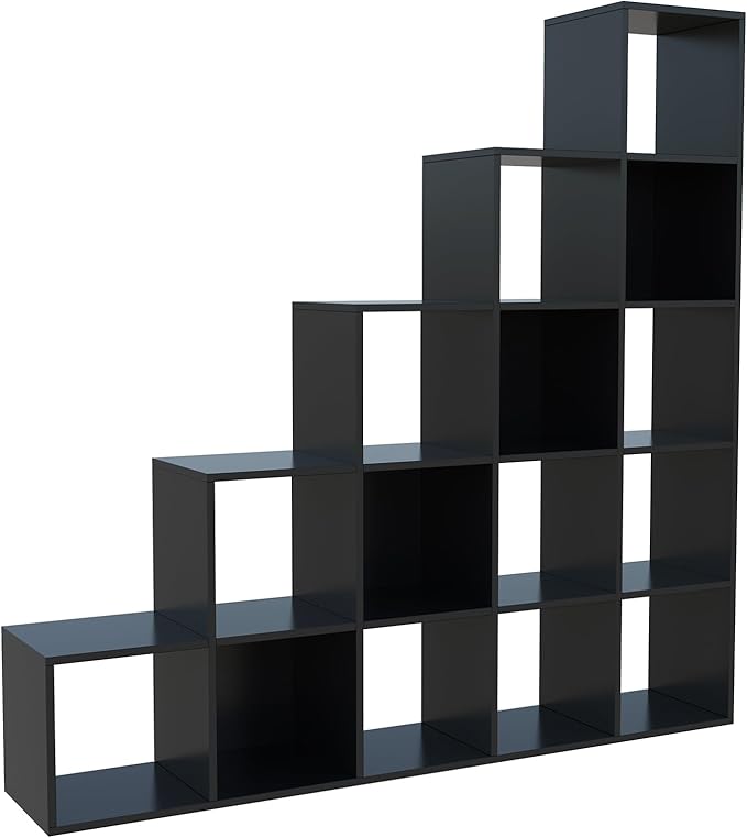 Ladder Cube Storage Bookcase - Wooden L-Shaped 5-Tier Corner Shelf, Reversible 15-Cube Organizer for Home & Office, Black