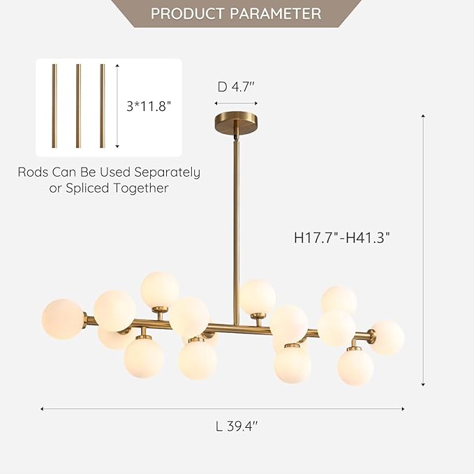 Mid Century Modern Chandelier Over Table, 16-Light Globe Sputnik Chandelier Brass Pendant Lighting Fixture Hanging Ceiling Light for Dining Room, Kitchen Island