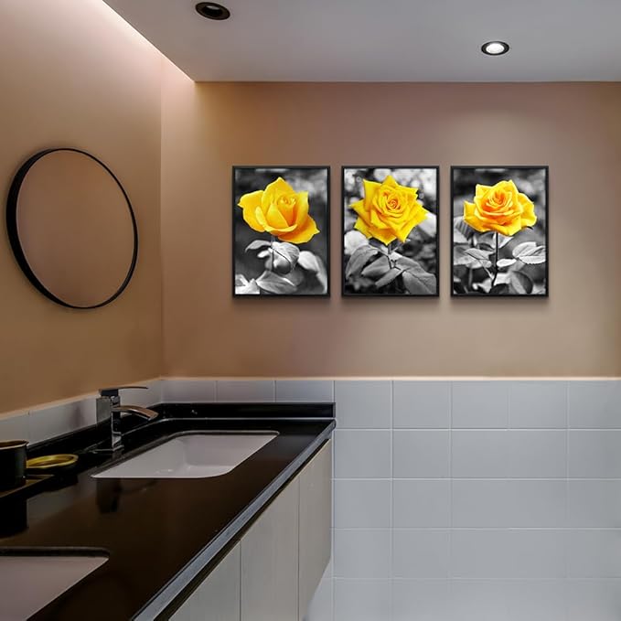 Black Framed Wall Art For Bedroom Living Room Wall Decor For Kitchen Office Decor Black And White Artwork Pictures Yellow Rose Flowers Print Frame Wall Painting Modern Room Home Decoration 3 Piece