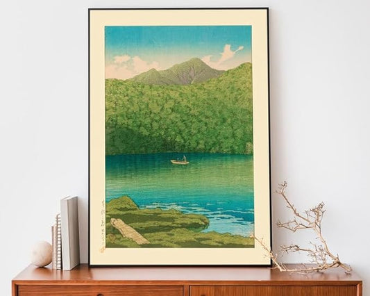 Nationcog Tsutanuma Pond Morning Scene Poster, Japanese Woodblock by Kawase Hasui, Japandi Mountain Decor, Zen Vintage Lake Art Print (Unframed) (11x14)
