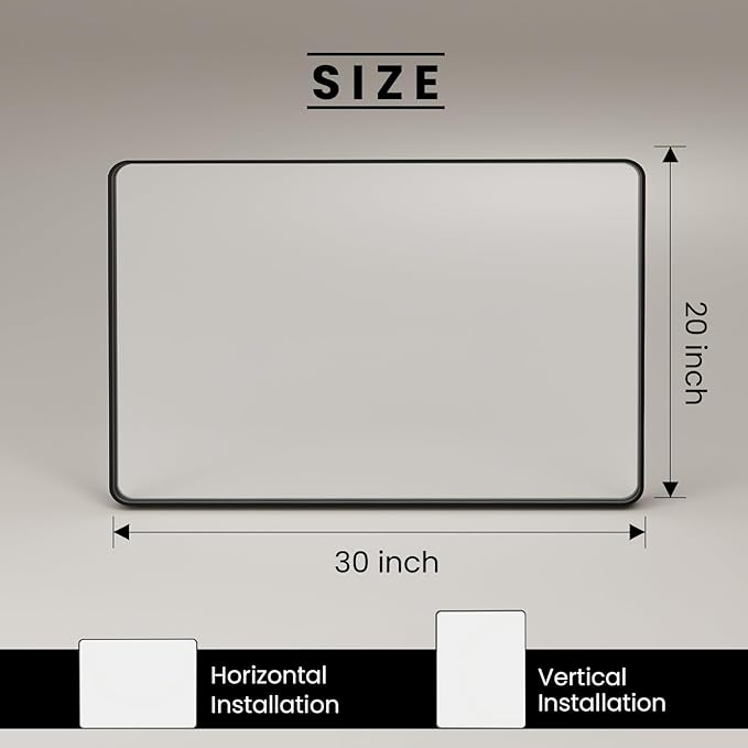 Black Bathroom Mirror 20X30 Inch, Black Metal Framed Mirror for Wall, Rounded Rectangle Matte Bathroom Vanity Mirror with Tempered Glass, Anti-Rust, Horizontal/Vertical