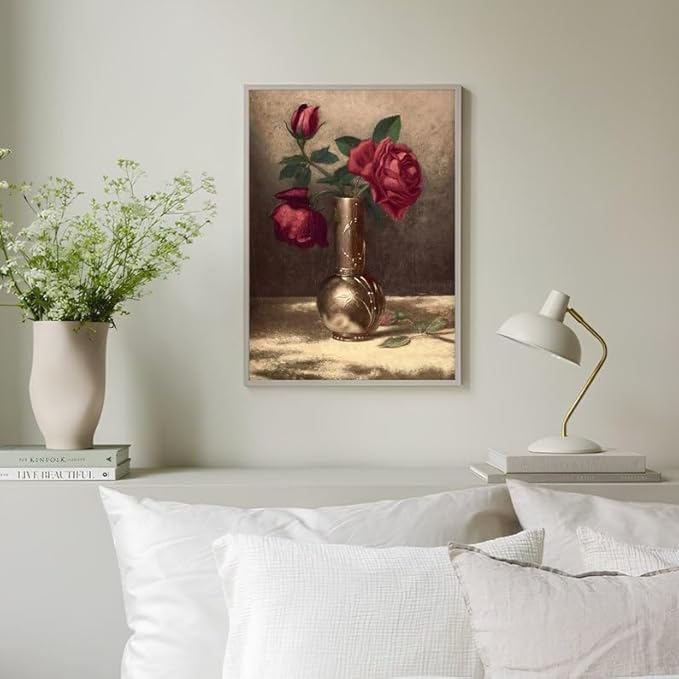 Nationcog Vintage Rose Wall Art Print - Red Roses in Vase Floral Artwork - Classic Still Life Flower Painting for Living Room, Bedroom, Cafe, Home Wall Decoration (Unframed) (16x24)