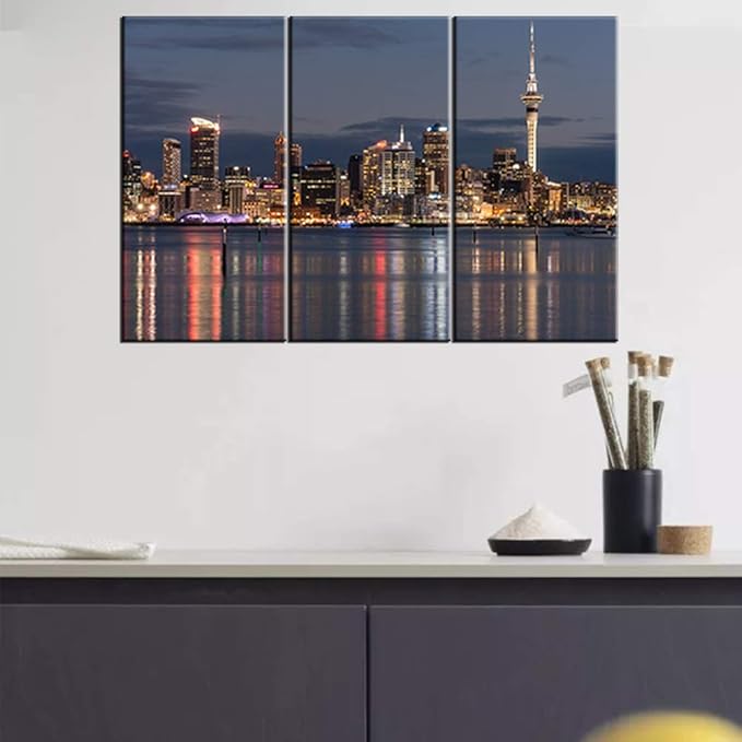 Black and White Auckland City Wall Art Tower Cityscape Picture Photo Canvas Print Art with Wood Frame,Modern Home Office Wall Decoration Giclee Print Framed Art Ready to Hang - 24‘’x12‘’x3 panels