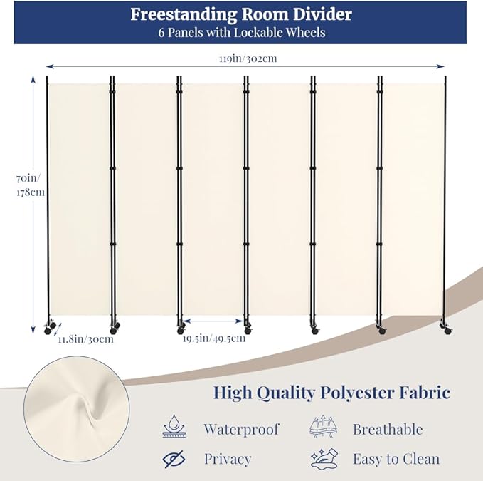 Kokorona 6 Panel Room Divider, 6FT Tall Rolling Privacy Screen with Lockable Wheels, Folding Wall Dividers Portable Room Divider for Room Separation, Included - Cover Strips, Beige, 119''W x 70''H