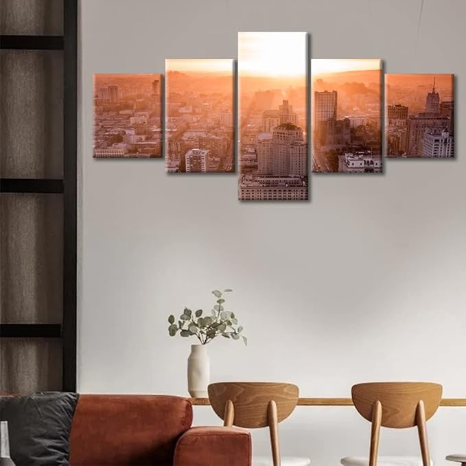 Beautiful California Cityscape Home Decor Posters and Prints California City Skyline Art Prints 5 Piece City Sunset Pictures Canvas Wall Art House Decor Stretched and Framed Ready to Hang (50"Wx24"H)