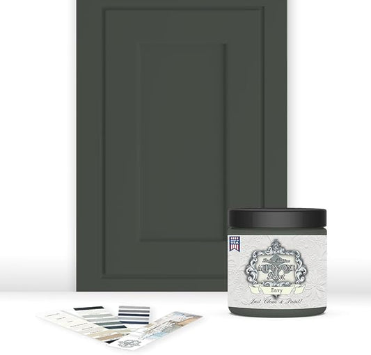 ALL-IN-ONE Paint, Durable cabinet and furniture paint. Built in primer and top coat, no sanding needed. Includes our 30 featured color card - Envy (slate green), 8oz Sample