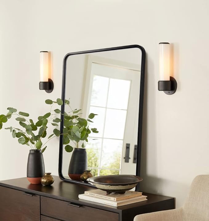 ANDY STAR Matte Black Mirror for Bathroom, 20x28 Inch Rounded Rectangle Mirror, Modern Vanity Mirror Tube Metal Frame HD Reflection Wall-Mounted Mirrors Vertically or Horizontally