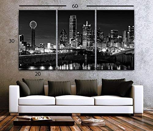 NAN Wind 3 Pcs Wall Art Dallas Skyline Black & White Canvas Art Paintings For Room Decor Dallas Cityscape Skyscrapers Night Scene Picture Prints On Canvas For Home Decor Modern Giclee Framed