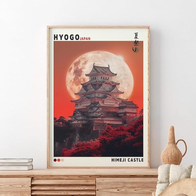 Nationcog Himeji Castle Poster, Japanese Wall Art Print Featuring Hyogo Temple and Full Moon, Japandi Style Asian Landscape Artwork for Living Room, Bedroom or Office (Unframed) (24x36)