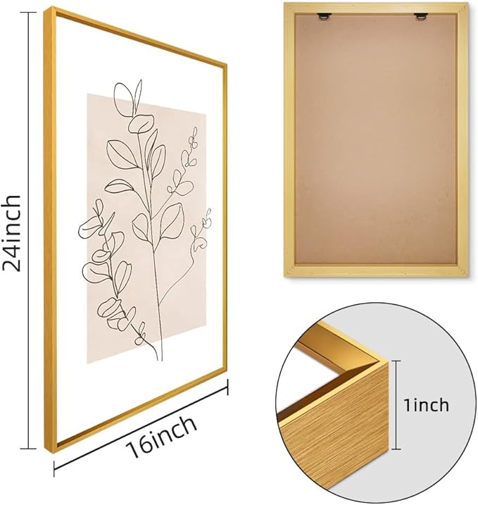 CHDITB Floral Line Framed Canvas Wall Art Set, Minimalist Flower Wall Decor, Neutral Beige Plants Wall Painting, Abstract Botanical Leaf Stripe Art Print for Living Room, Bedroom, Office - 16"x24"x3