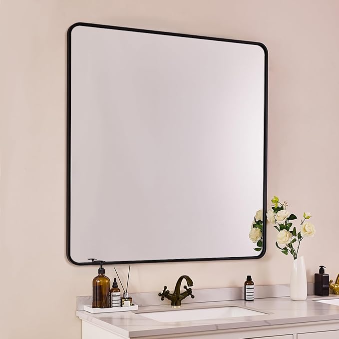 ANDY STAR 40X36 Inch Black Bathroom Mirror, Black Bathroom Vanity Mirrors for Wall, Rounded Rectangle Mirror for Bathroom, Seamless Tube Metal Frame, 1’’ Deep Wall Mounted Vertical/Horizontal