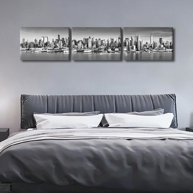 New York Wall Art Black and White City Panorama Cityscape Pictures Print On Canvas Urban Building Artwork Wall Art for Living Room Office Giclee Posters and Prints Framed Ready to Hang 16x72 Inch