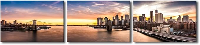 New York Cityscape Wall Art Painting on Canvas Brooklyn Bridge Panorama at Sunset Bedroom Wall Art Modern Home Decor House Decorations for Living Room Bathroom Pictures Framed Ready to Hang 14x60 Inch