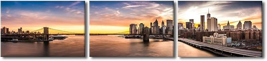 New York Cityscape Wall Art Painting on Canvas Brooklyn Bridge Panorama at Sunset Bedroom Wall Art Modern Home Decor House Decorations for Living Room Bathroom Pictures Framed Ready to Hang 14x60 Inch
