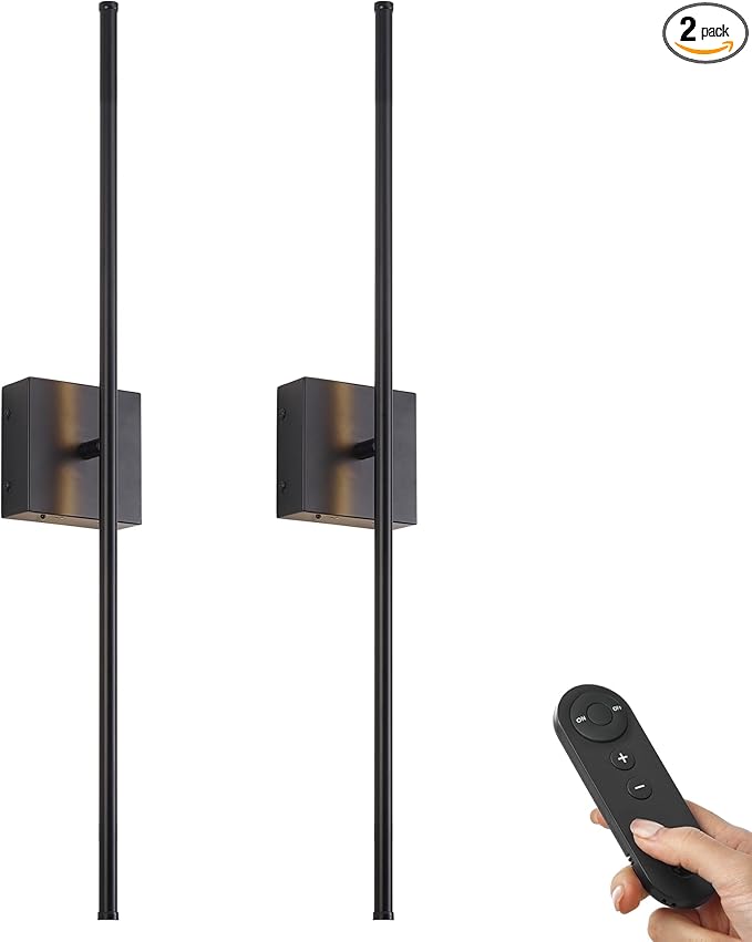 Battery Operated Wall Sconces with Remote Control, Dimmable Wall Sconces Set of Two, 350°Rotate, 3000K LED Black Wireless Wall Light for Living Room, Hallway, Bedroom, 40.1 Inch (2 Pack)