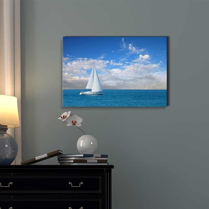Canvas Prints Wall Art Beautiful Seascape White Sail Boat on The Blue Calm Sea Modern Wall Decor/Home Decoration Stretched Gallery Canvas Wrap Giclee Print & Ready to Hang - 16" x 24"
