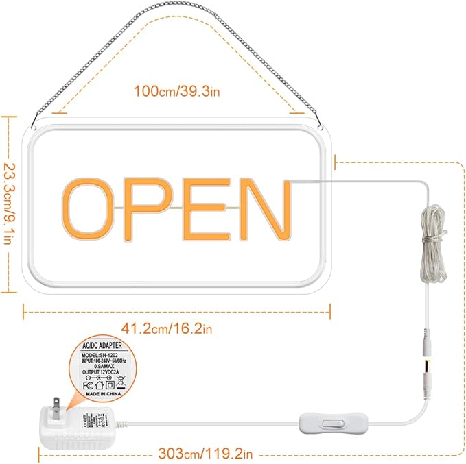 16"x 9" Ultra Bright 12V Neon Open Sign for Business, LED Open Neon Sign, Electric Light up Signs for Stores, Restaurants Offices Retail Shops Window (Yellow-White-Horizontal)