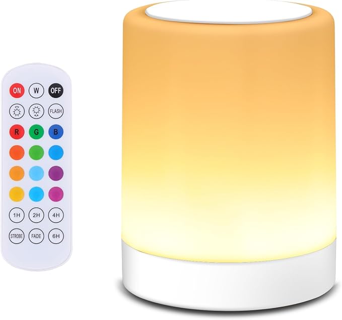 OORUN Touch Bedside Table Lamp,13 RGB Colors & 5 Brightness, USB Rechargeable Desk Lamp, Remote Control Dimmable Light with RGB Color Changing,Portable Lamp for Baby (White)