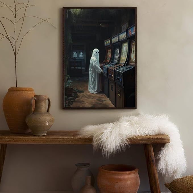 Nationcog Ghost Playing Arcade Wall Art Print – Retro Gaming Ghost Poster for Gamer Room, Halloween Decor, Spooky Aesthetic Art for Bedroom or Gaming Setup (Unframed) (11x14)