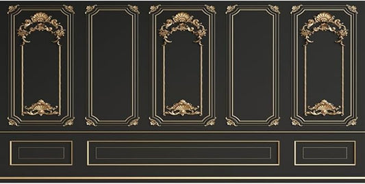 Leyiyi 20x10ft Gold Black Vintage Room Inside Backdrop European Frame Modern House French Castle Cementery Wall Retro Style Photo Background Cowboy Kids Birthday Portrait Studio Props Vinyl Wallpaper