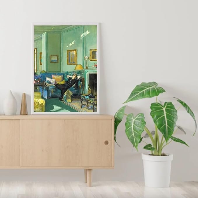 Nationcog Vintage Woman Relaxing in Living Room Wall Art, Elegant Interior Scene Painting Print, Cozy Green Room Aesthetic Poster, Classic Home Decor for Living Room or Study (Unframed) (16x24)