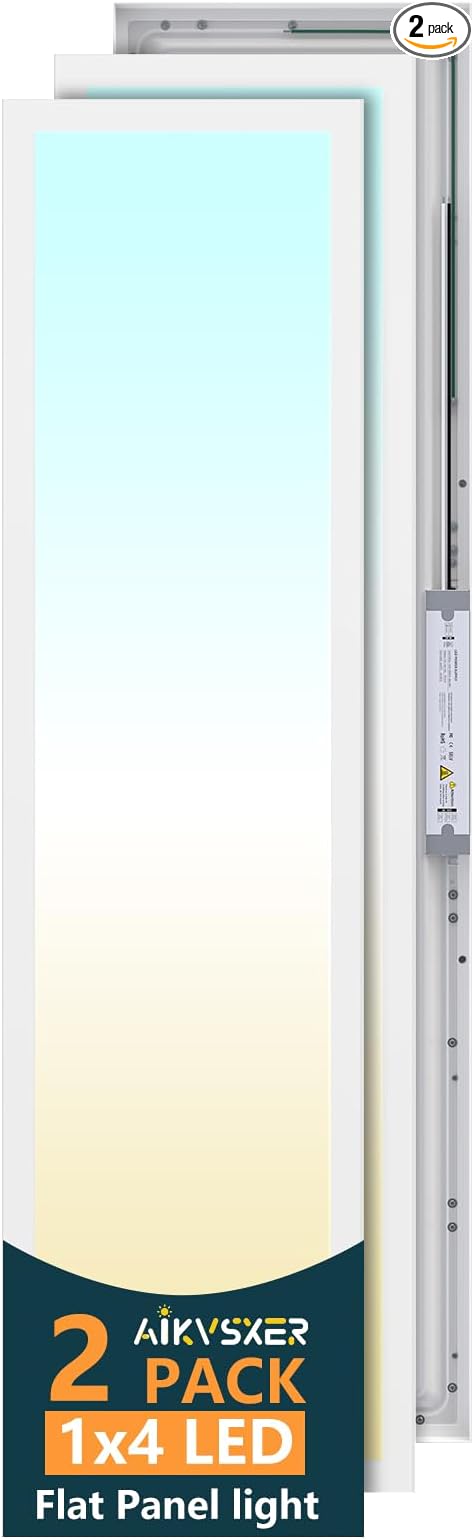 AIKVSXER 2 Pack 1x4 LED Panel Light 50W 5500LM Surface Mount, 3CCT (3000K-5000K), Ultra-Thin 48In, Triac Dimmable, Energy Efficient, Ceiling Light for Kitchen Garage Office Basement