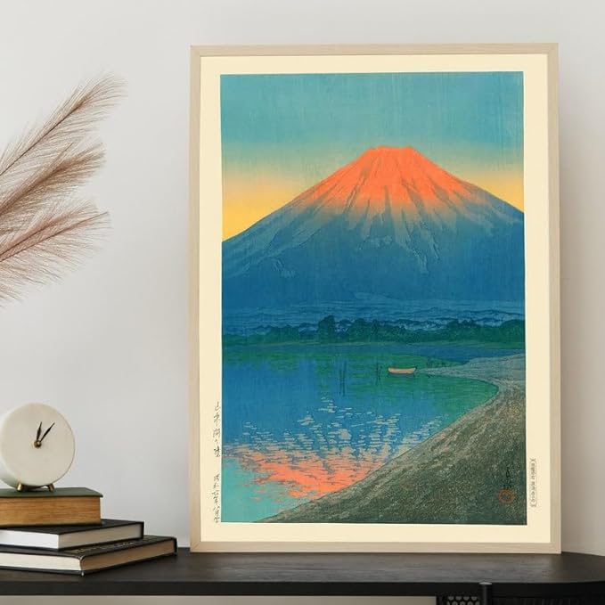 Nationcog Lake Yamanaka and Mount Fuji Woodblock Poster, Japanese Landscape by Kawase Hasui, Ocean Sunset Japandi Decor, Vintage Zen Art Print (Unframed) (12x18)