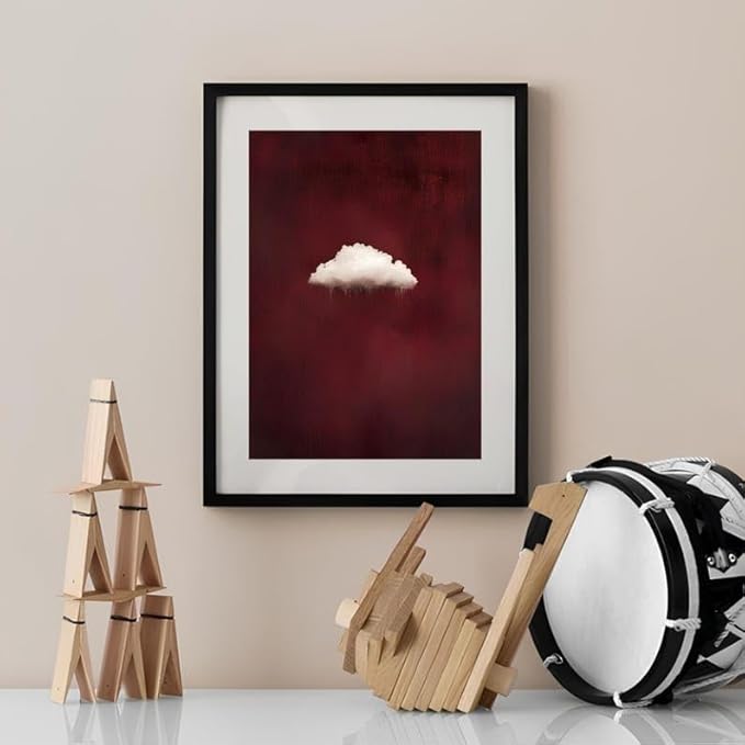 Nationcog Minimalist Cloud Wall Art Print on Burgundy Background, Modern Surreal Cloud Poster, Abstract Sky Artwork, Contemporary Red Aesthetic Decor for Bedroom or Living Room (Unframed) (20x30)