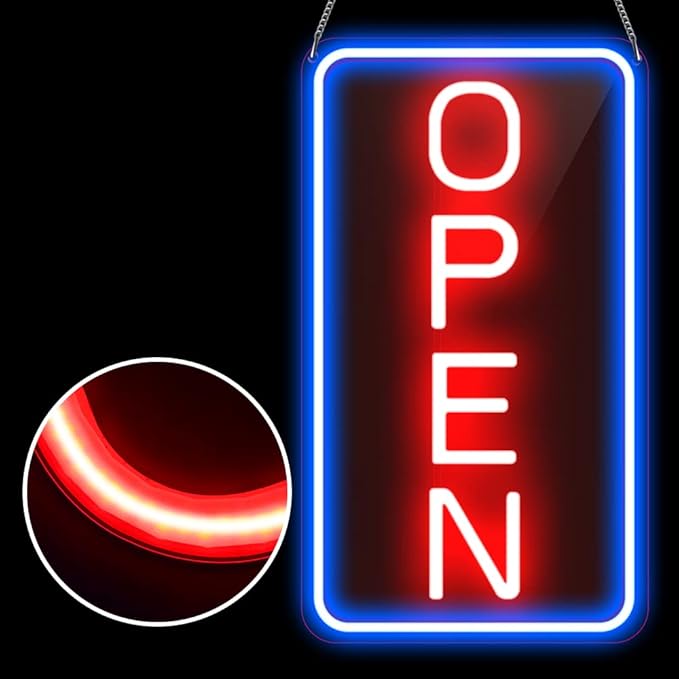 16"x 9" Ultra Bright 12V Neon Open Sign for Business, LED Open Neon Sign, Electric Light up Signs for Stores, Restaurants Shops Window (Blue-Red-Vertical)