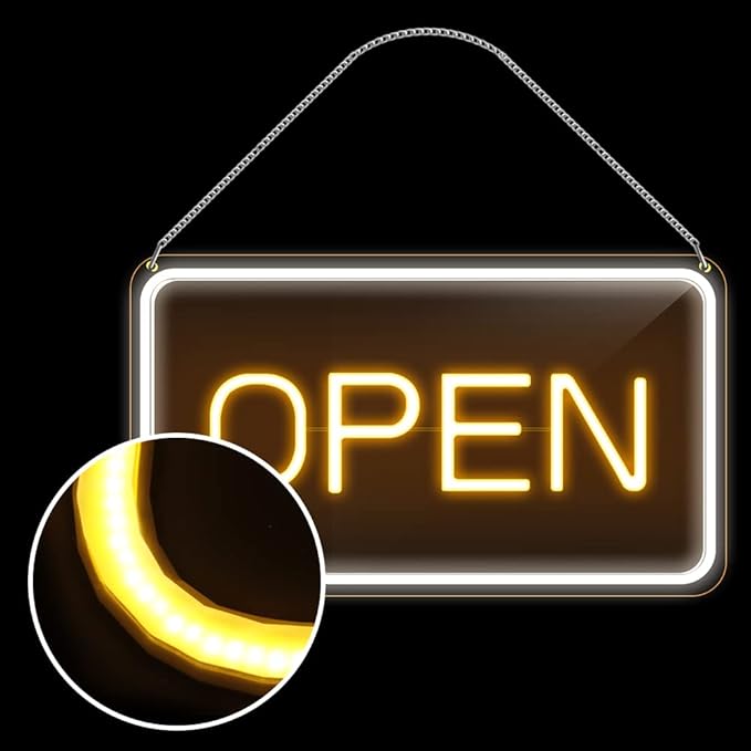 16"x 9" Ultra Bright 12V Neon Open Sign for Business, LED Open Neon Sign, Electric Light up Signs for Stores, Restaurants Offices Retail Shops Window (Yellow-White-Horizontal)
