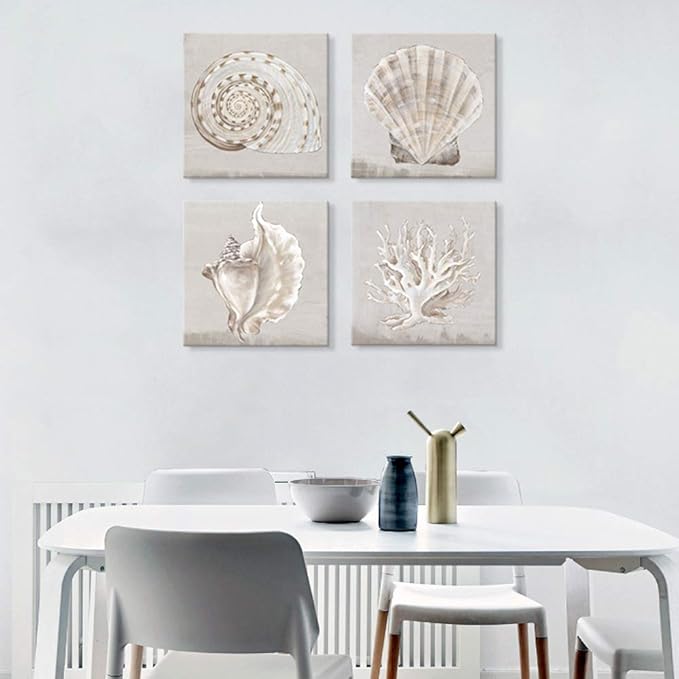 JAPO ART Neutral Shells Eva Watts by PI Creative Art Modern seashells Canvas Wall Art Vintage Pictures Giclee Print on Canvas Stretched for Living Room Bedroom 16x16Inchx4pcs