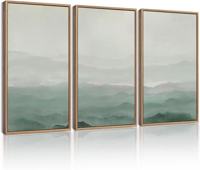 KUVIOKE Green Watercolor Mountains in Fog Framed Wall Art Wilderness Nature Landscape Artwork Painting Boho Rustic Scenic Relax Cool Home Decor 16x24in (Natural Framed)