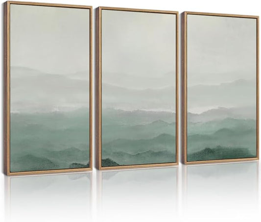 KUVIOKE Green Watercolor Mountains in Fog Framed Wall Art Wilderness Nature Landscape Artwork Painting Boho Rustic Scenic Relax Cool Home Decor 16x24in (Natural Framed)
