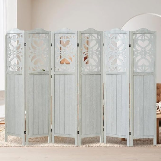 6 Panel Wood Room Divider 5.6Ft Carved Room Divider and Folding Privacy Screen, Minimalism Portable Partition Screen Divider for Room Separation, Room Decoration for Home Office - White