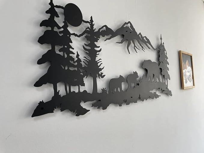 Metal Wall Art, Metal Bear Family Art, Tree Mountain Decoration, Nature Wall Decor, Wildlife Lover Gift, Wall Hangings (47"W x 20"H / 117x51cm)