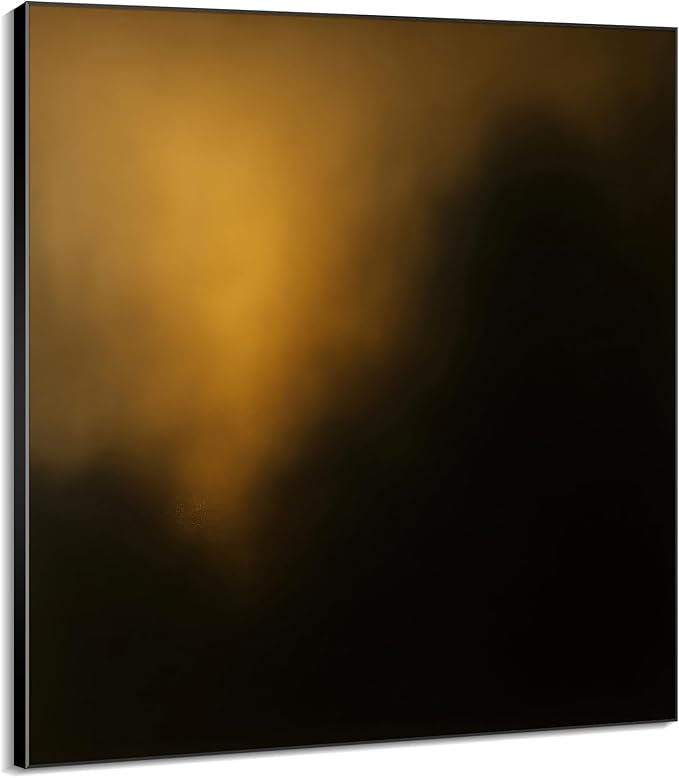 46"x46" XL Framed Wall Art - Dark Abstract Golden Light Glow on Black Modern Painting Minimalist Foggy Forest Tranquil (Frame Assembly Required)