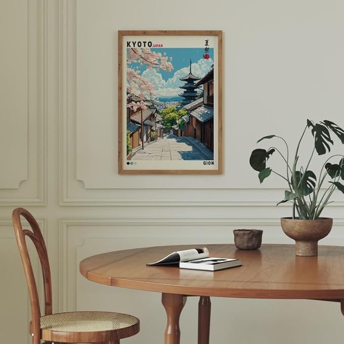 Kyoto Gion Poster, Japanese Street Wall Art Print with Cherry Blossoms and Pagoda, Traditional Japan Landscape, Japandi Decor for Bedroom or Living Room (Unframed) (9x11)