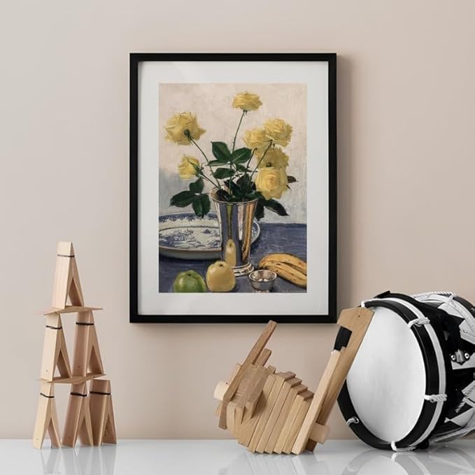 Nationcog Yellow Rose Still Life Wall Art Print - Vintage Floral and Fruit Painting in Vase - Classic Botanical Artwork for Kitchen, Dining Room, Living Room or Gallery Decor (Unframed) (24x36)