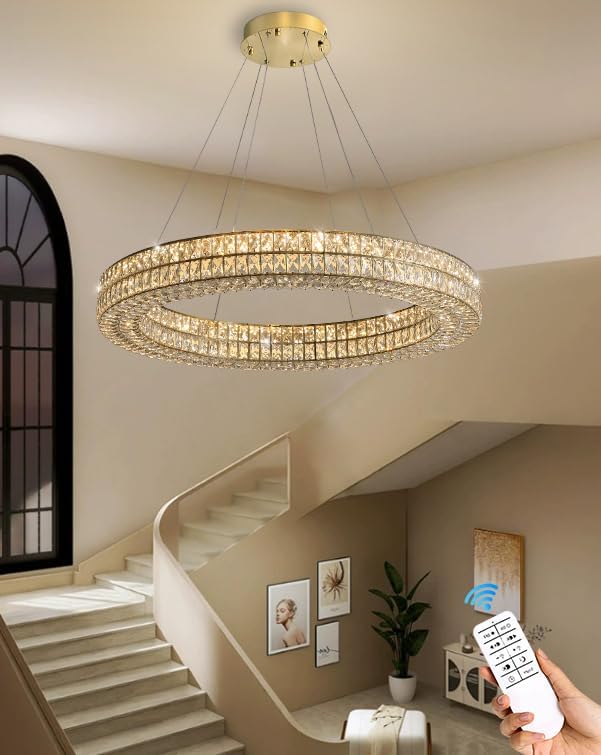 47.5 inch Large Ring Chandelier Gold Ring Pendant Light Round Crystal Chandelier for Dining Room Living Room Led Dimmable 2700k-6000k