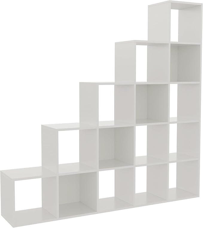 Ladder Cube Storage Bookcase - Wooden L-Shaped 5-Tier Corner Shelf, Reversible 15-Cube Organizer for Home & Office, White