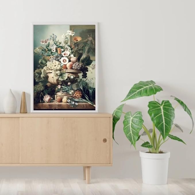 Nationcog Vintage Floral Still Life Wall Art Print - Classical Fruit and Flower Painting in Vase - Elegant Botanical Artwork for Kitchen, Dining Room, Hallway or Gallery Decor (Unframed) (24x36)