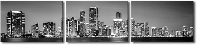 Miami Skyline Wall Art for Living Room Downtown Miami Black and White Wall Art Canvas Print Modern Home Decor Pictures Skyscraper Artwork House Decor Posters Prints Ready to Hang 14x60 Inch
