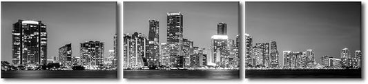 Miami Skyline Wall Art for Living Room Downtown Miami Black and White Wall Art Canvas Print Modern Home Decor Pictures Skyscraper Artwork House Decor Posters Prints Ready to Hang 14x60 Inch