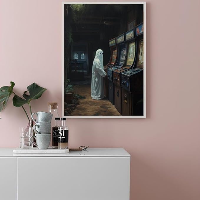 Nationcog Ghost Playing Arcade Wall Art Print – Retro Gaming Ghost Poster for Gamer Room, Halloween Decor, Spooky Aesthetic Art for Bedroom or Gaming Setup (Unframed) (16x24)