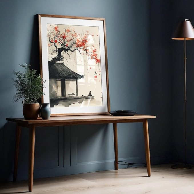 Japanese Ink Wash Painting Poster, Zen Wall Art Print with Red Blossoms, Traditional Asian Landscape Artwork, Japandi Minimalist Home Decor for Gallery or Living Room (Unframed) (16x24)