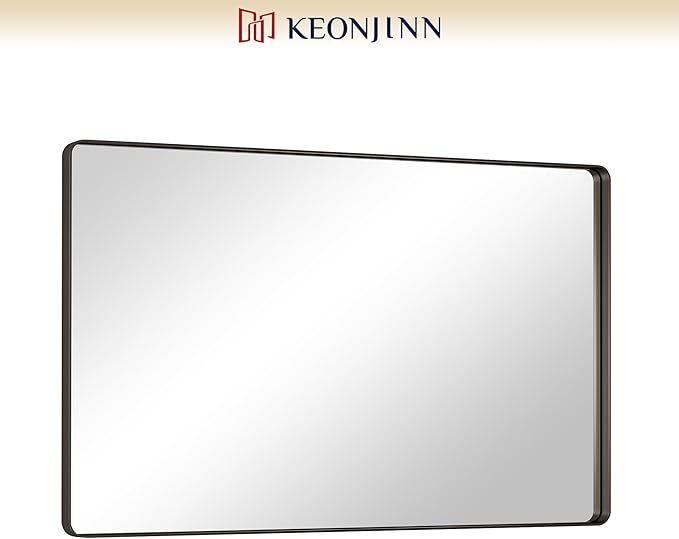 Keonjinn Black Bathroom Mirrors for Over Sink, 48” x 30” Large Rounded Rectangle Bathroom Vanity Mirror, Matte Black Modern Decorative Wall Mirror, Anti-Rust, HD Tempered Glass(Horizontal/Vertical)