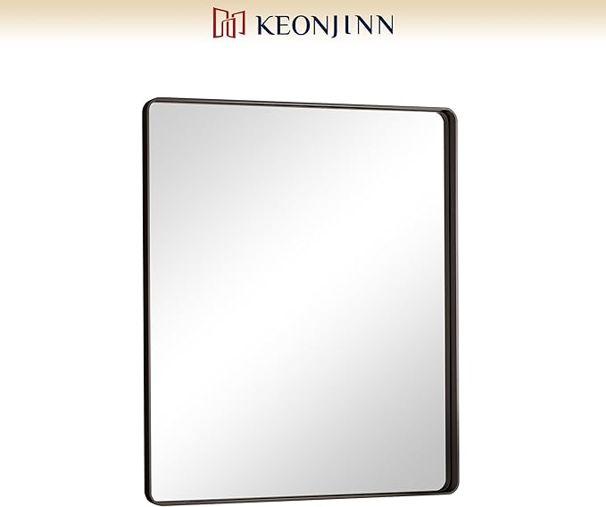 Keonjinn Black Framed Mirrors for Bathroom 30 x 36 Inch Rounded Rectangle Wall Mirror, Matte Black Farmhouse Bathroom Vanity Mirror with Seamless Metal Frame, HD Tempered Glass(Horizontal/Vertical)