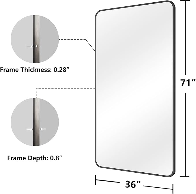 Koonmi Bathroom Mirror, 36X71 Inch Black Metal Framed Mirror for Bathroom, Tempered Glass, Anti-Rust, Rounded Rectangle Mirror for Restroom, Bedroom, Black